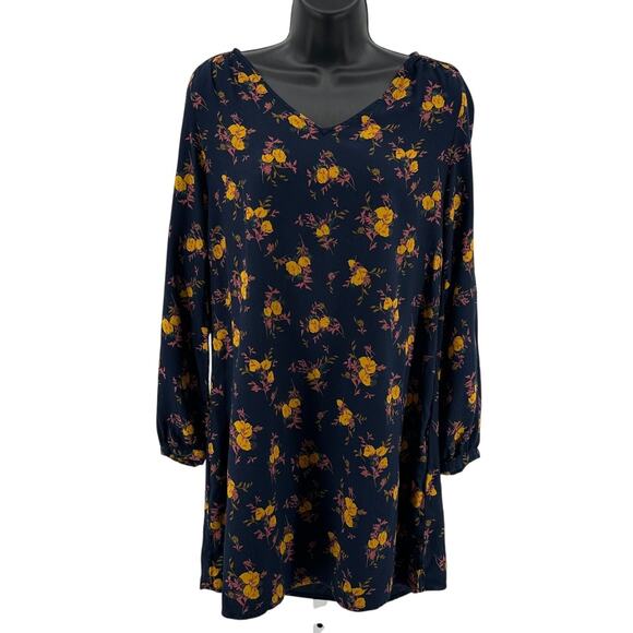 Treasure & Bond Tunic Dress WMNS XXS Navy Mustard Floral Long Sleeve V-Neck Mini - Picture 1 of 8